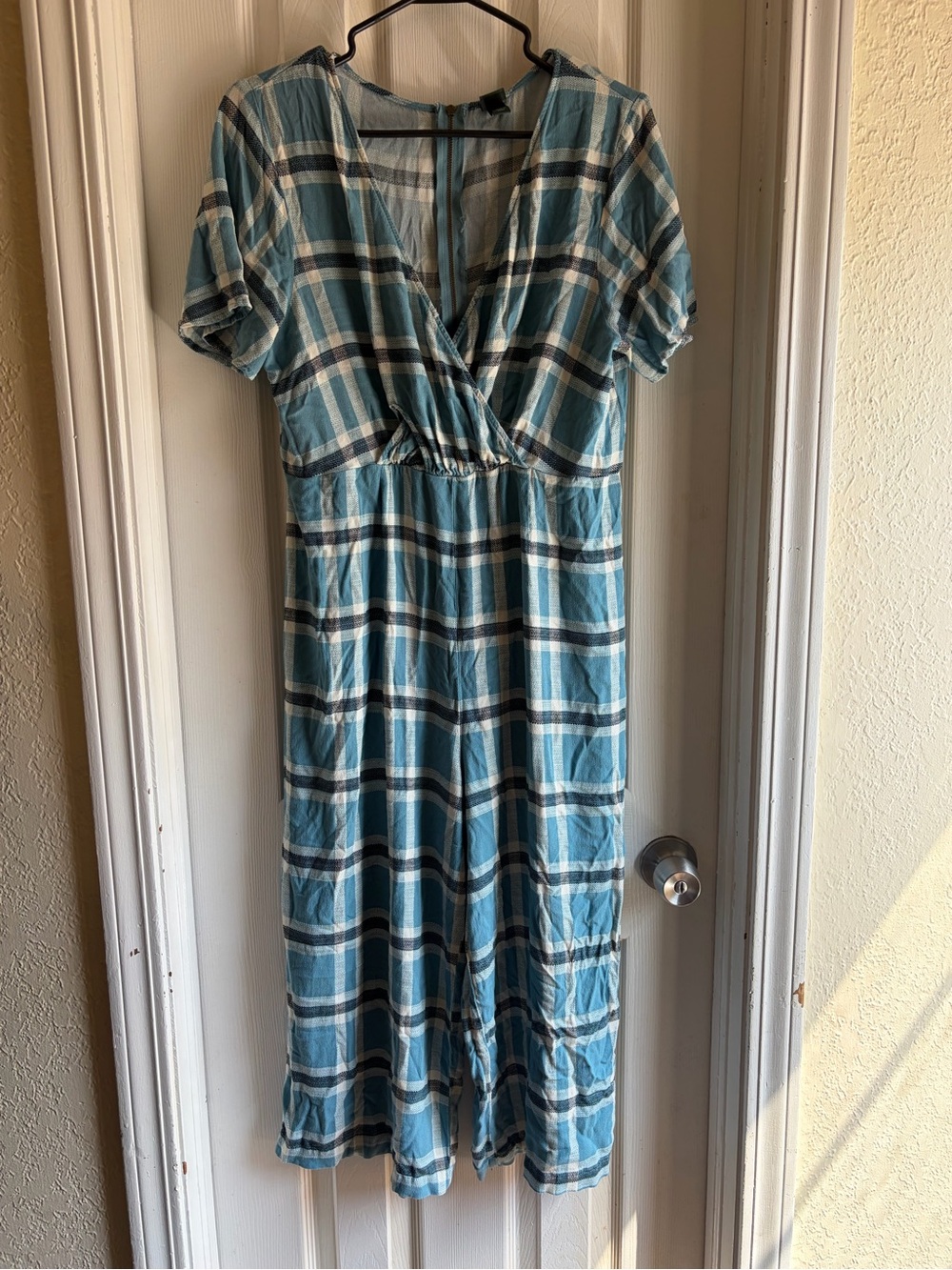 Blue Plaid Short-Sleeve Midi Jumpsuit